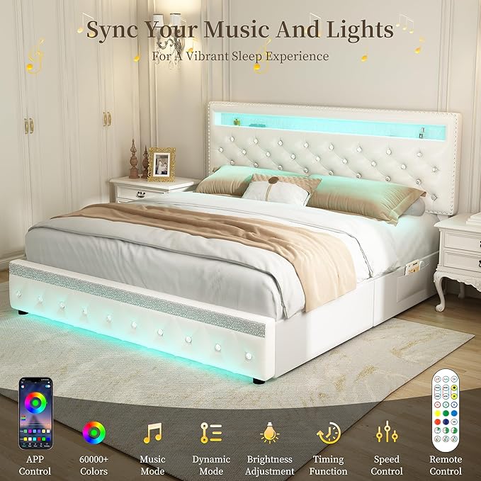 Full Led Bed Frame with 2 Drawers, Upholstered Bed Frames Full Size with 2 Storage Pockets, Platform Bed with Adjustable Height Crystal Button Tufted Headboard, No Box Spring Needed, PU White