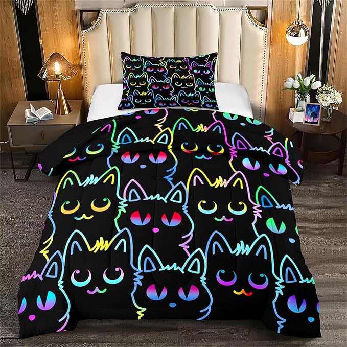 Cute Cartoon Cat Comforter Set for Girls - Twin Size Ultra Soft Cats Patterns Bedding Set With 1 Quilt and 1 Pillowcase