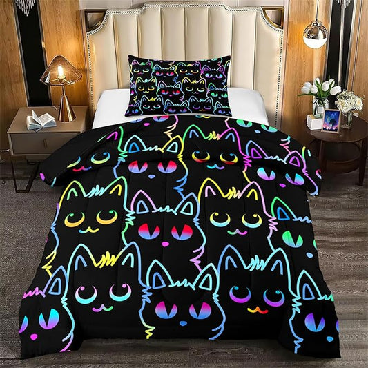 Cute Cartoon Cat Comforter Set for Girls - Twin Size Ultra Soft Cats Patterns Bedding Set With 1 Quilt and 1 Pillowcase