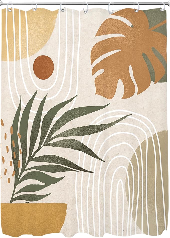 Glawry Beige Green Boho Shower Curtain Small Stall Abstract Mid Century Plant Tropical Palm Leaf Modern Minimalist Bathroom Geometric 48Wx72L Inches Bath Accessories Art Home Decor Fabric 8 Pack Hook