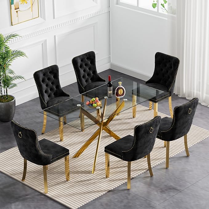 Goujxcy Glass Dining Table Set for 6, Modern Kitchen Table and Chairs Set of 6, 7-Piece Kitchen Dining Room Table Set w/61 Glass Gold Dining Table and 6 Black Velvet Upholstered Chairs