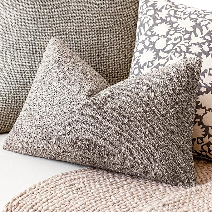 Foindtower Pack of 2 Textured Boucle Throw Pillow Covers Accent Solid Decorative Lumbar Pillow Cases Cozy Couch Cushion Case for Chair Sofa Bedroom Living Room Home Decor 12x20 Inch Light Taupe