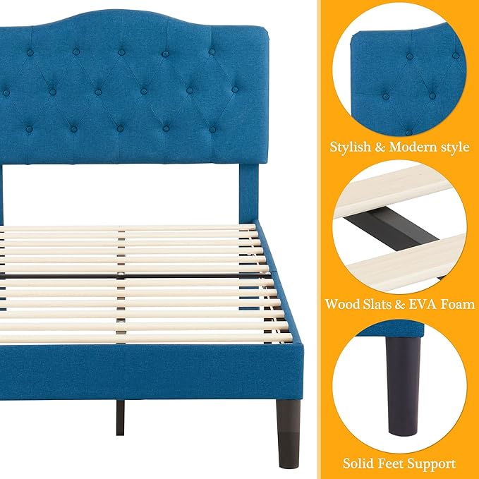 VECELO Twin Size Bed Frame Upholstered Platform with Tufted Adjustable Headboard/Mattress Foundation with Wood Slat Support, Easy Assembly,Blue