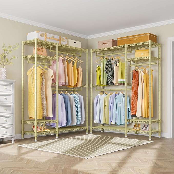 VIPEK V2S Heavy Duty Clothes Rack 4 Tiers Wire Shelving Garment Racks with 3 Hanging Rods Compact Freestanding Closet Metal Closet Rack, Max Load 700LBS, Gold