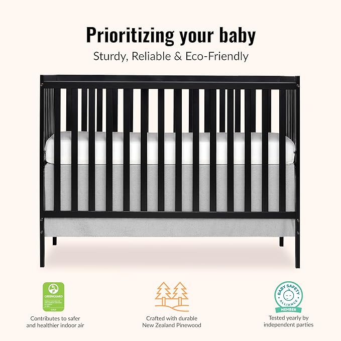 Dream On Me Synergy 5-in-1 Convertible Full-Size Baby Crib with Toddler, Day & Full Bed Conversion in Black, GreenGuard Gold & JPMA, 3 Mattress Heights, Sustainable Pinewood