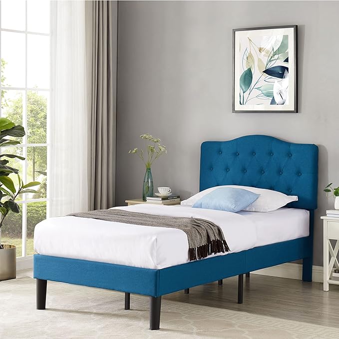 VECELO Twin Size Bed Frame Upholstered Platform with Tufted Adjustable Headboard/Mattress Foundation with Wood Slat Support, Easy Assembly,Blue
