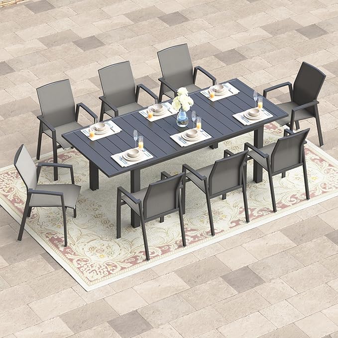 Wisteria Lane 9 Piece Aluminum Outdoor Patio Dining Sets with Fully Assembled Dining Chair，91.3" L×39.4" W Expandable Patio Table and Chairs Set for 8, Stackable Chairs with Quick Drying Fabric, Grey