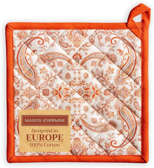Maison d' Hermine Pot Holders 100% Cotton Heat Resistant Potholders 8" x 8" Hot Pads with Loop for Thanksgiving Christmas Decorations BBQ Cooking Baking Handling Hot Pans (Pack of 1, Cachemire)