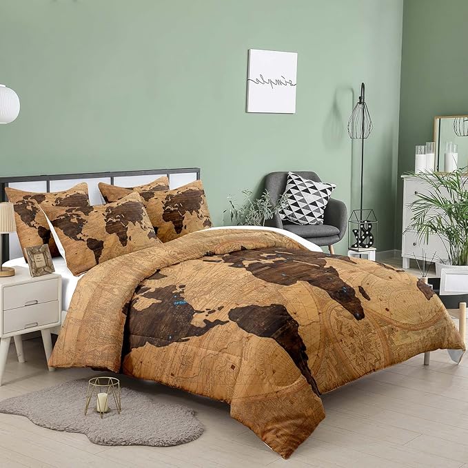 Tailor Shop World Map Comforter Set for Boys Girls Kids Teens ，Retro Yellow Vintage Nostalgic World Map Bedding Sets Full Size 3 Pieces with 1 Comforter 2 Pillowcases