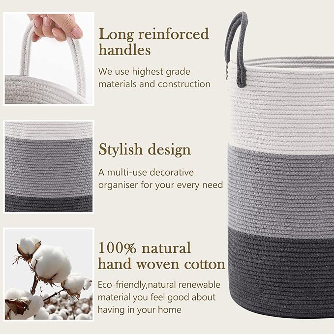 Woven Rope Laundry Hamper Basket by YOUDENOVA, 72L Tall Laundry Basket, Baby Nursery Hamper for Blanket Storage in Bedroom-Large-Dark Grey