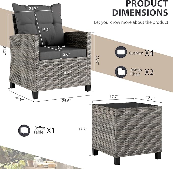 Vongrasig 3 Piece Patio Furniture Set Small Outdoor Wicker Rattan Front Porch Bistro Set Cushioned Patio Chairs Conversation Set with Glass Table for Lawn, Garden, Backyard, Balcony, Poolside (Gray)