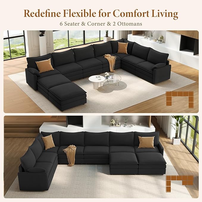 Vesgantti Large Modular Sectional Sofa, Big Comfy Cloud Couch with Ottoman Deep Seat Chenille Cloud Sofa, 9 Seater Large Sectional Couches for Living Room, Bedroom and Apartment, Black