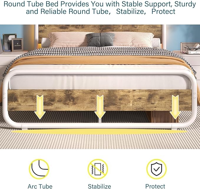 Catrimown Full Size Bed Frame, Metal Full Bed Frame with LED Headboard and Footboard, Heavy Duty Wooden Platform Bed Frame with Under Bed Storage, Noise Free, No Box Spring Needed, White