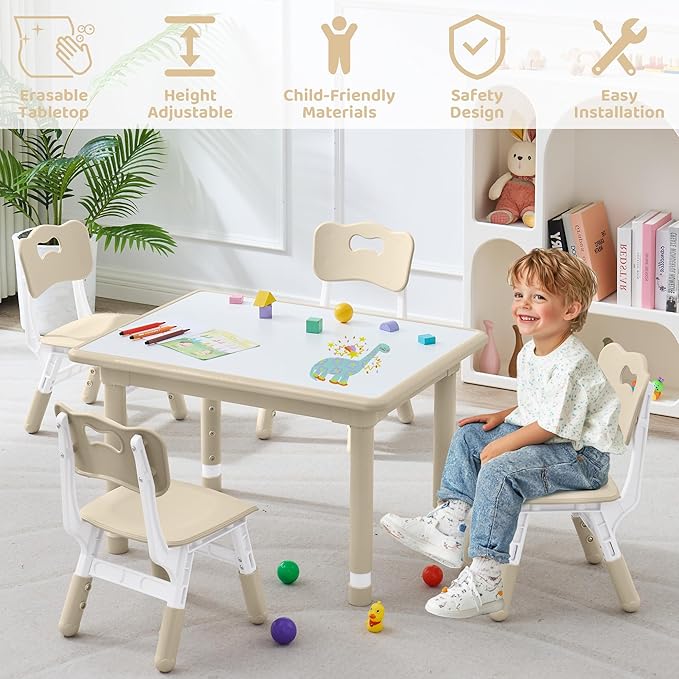 Kids Table and 4 Chairs Set, Height Adjustable (17.7"-26.1") Toddler Table and Chair Set, Multi-Activity Table with Graffiti Desktop, Children’s Table and Chairs for Classroom, Home & Daycare
