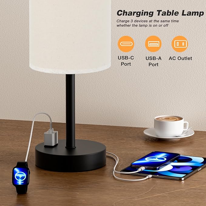 Touch Table Lamp - Beige, 3-Way Dimmable, USB A + C Charging, AC Outlet, 17.4inch Medium, Black Metal Base
