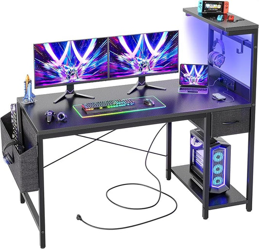 TIQLAB Gaming Desk 47 inch with Power Outlet and LED Light, Computer Desk with Reversible Shelves and Storage Drawer, Small PC Desk for Home Office Table with Bag, Carbon Fiber Black