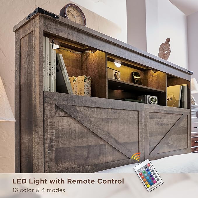 ACCOHOHO Queen Bed Frame Farmhouse with 52" Storage Bookcase Headboard, 4 Drawers Wooden Bed Frame, LED Light, Charging Station - Light Brown