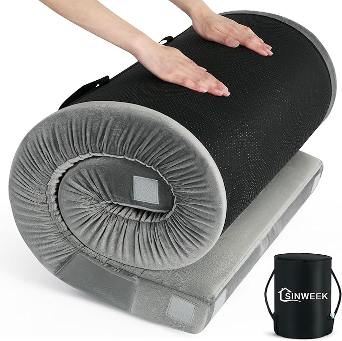 Sinweek Memory Foam Camping Mattress CertiPUR-US Waterproof Portable Roll Up Mattress for Adults Cot Mattress Car Van Sleeping Mat Pad with Carrying Bag