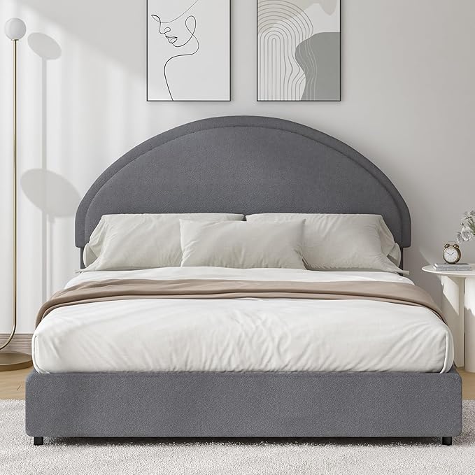 Queen Bed Frame, Upholstered Platform Bed with Headboard, Boucle Bed Frame with Round Conner, No Box Spring Required, Easy Assembly, Grey