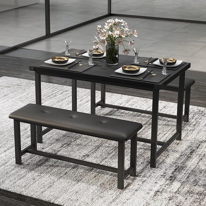 Dining Table Set for 4, Dining Room Table Set with 2 Upholstered Benches, Small Kitchen Table Set, 3 Piece Farmhouse Rectangular Dining Room Table Set, Space Saving Dining Table for Apartment