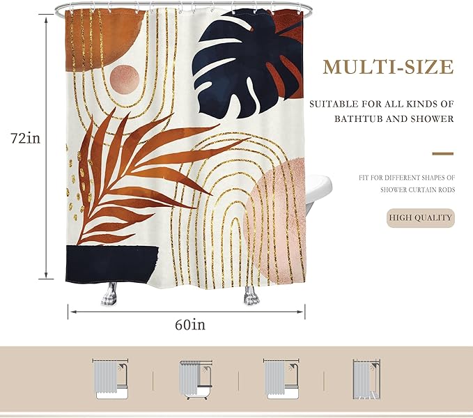 Glawry Boho Navy Brown Shower Curtain Modern Mid Century Abstract Tropical Palm Leaf Bathroom Minimalist Geometric Arch 60Wx72L Inches Bath Accessories Art Home Decor Fabric 12 Pack Hooks