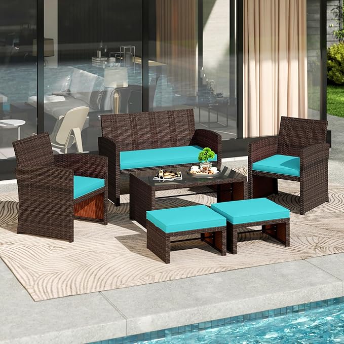 Tangkula 6 Pieces Patio Furniture Set, Outdoor Sectional Conversation PE Rattan Sofa Set with 1 Loveseat, 1 Coffee Table, 2 Armchairs and 2 Ottomans for Garden, Deck, Backyard and Poolside (Turquoise)