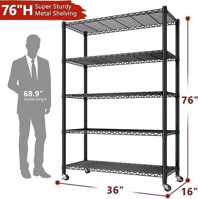 REIBII 76''H Wire Shelving Loads 1980LBS with 25mm Pipe Diameter,Storage Shelves with Wheels Metal Shelves for Storage, 5 Tier Adjustable Garage Shelving Heavy Duty Storage Rack,76''HX36''WX16''D