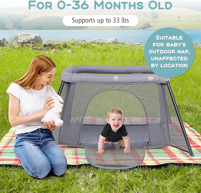 BABY JOY 2 in 1 Travel Crib, Portable Baby Playpen with Soft Washable Mattress, Foldable Pack and Play Lightweight Installation-Free Home Playard with Carry Bag, for Infants & Toddlers Indoor Outdoor