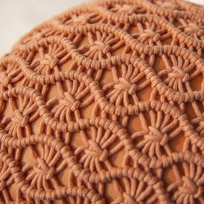 Phantoscope 100% Cotton Handmade Crochet Woven Boho Throw Pillow with Tassel Cute Farmhouse Pillow Insert Included Lumbar Small Decorative Cushion for Couch Sofa, Orange,16 inches Round