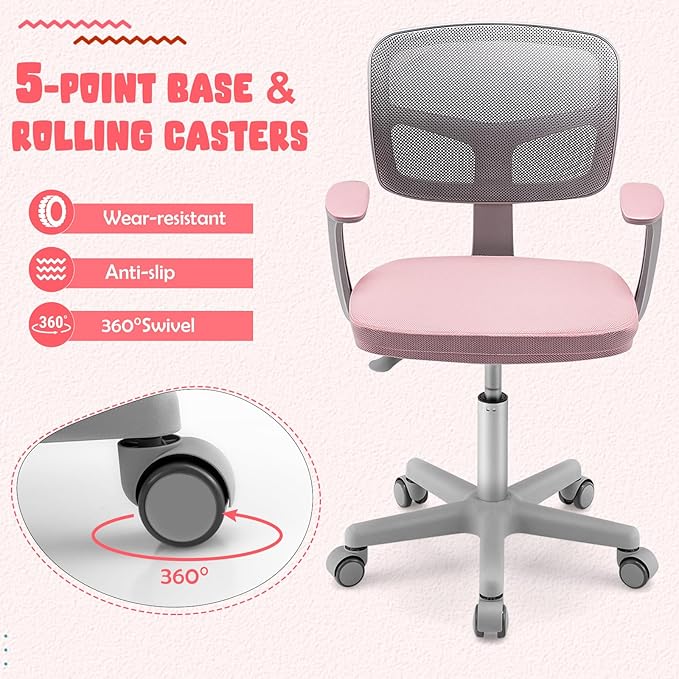 HONEY JOY Kids Desk Chair, Height Adjustable Children Study Chair, Swivel Mesh Task Student Chair, Universal Casters, Child Computer Desk Chair for Boys Girls Age 3-10 (Pink)