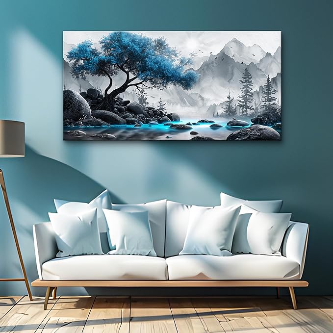 Lapremoly Black And White Wall Painting Canvas Art For Living Room, Office, Bedroom - Blue Tree Landscape Pictures - Hotel Artwork Posters - Family Home Wall Decoration