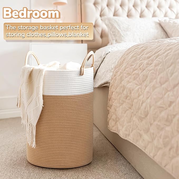 INDRESSME Large Laundry Hamper, 60L Clothes Laundry Basket, Nursery Hamper, Cotton Rope Hamper for Blankets, Hampers for Bedroom, 19.7 x 13.8 inches