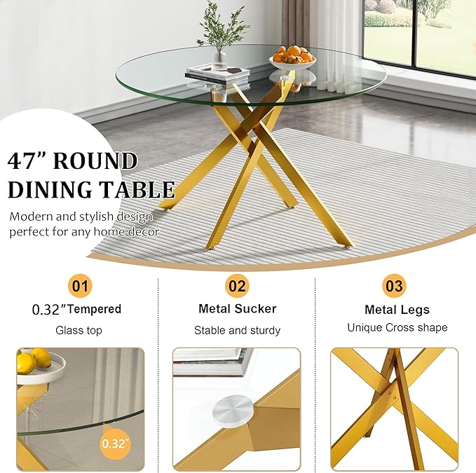 Goujxcy Round Dining Table Set for 6, Modern Glass Kitchen Table and Chairs Set of 6, 7 Piece Dining Room Table Set with 47" Circle Gold Metal Glass Dinner Tables and 6 Black Leather Dining Chairs