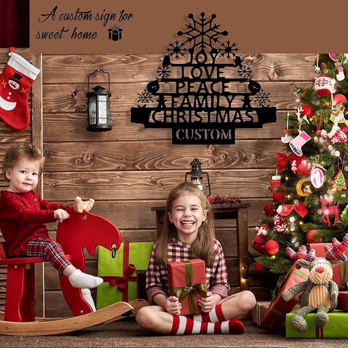 Personalized Christmas Tree Metal Sign, Custom Signs Outdoor Metal Wall Decor, Merry Christmas Tree Signs Wall Decoration for Home Living Room, Bedroom, Office, Garden, Porch