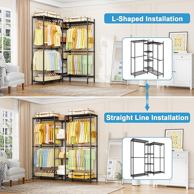 Ulif E4 Clothes Rack, Heavy-Duty Garment Rack, Metal Freestanding Clothing Organization Storage System Can Be L-Shaped with Shelves and Hangers, Max Load 962lbs, 71.6" W x 14.5" D x 79.3" H, Black
