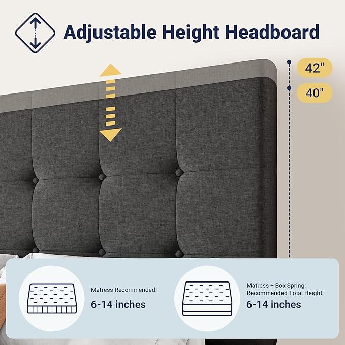 Allewie Upholstered Queen Size Platform Bed Frame with 4 Storage Drawers and Headboard, Square Stitched Button Tufted, Mattress Foundation with Wooden Slats Support, No Box Spring Needed, Dark Grey