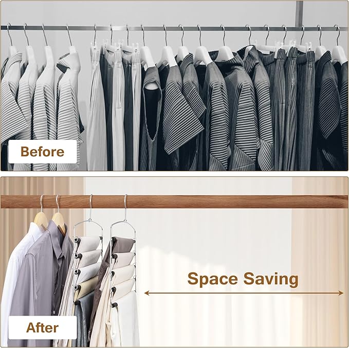 Pants Hangers Space Saving, 2 Pack Anti-Slip Space Saving Hangers, 5 Layer Swing Arm Pants Hanger Stainless Steel with Non-Slip Padding, Closet Organizers & Storage for Pants Trousers Jeans