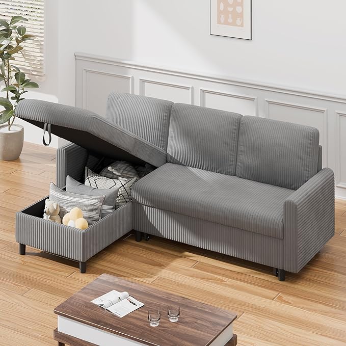 Sofa Bed Sleeper Pull Out 2 in 1 Sectional Sleeper Sofa Couches with Storage, Pullout Sectional Couches for Apartment Living Room,Light Grey