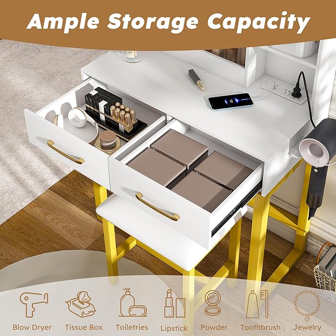 Ball & Cast Vanity Desk with Mirror & Power Outlet,3 Dimmable Colors Light Small Makeup Vanity Table Set with 2 Large Drawers & Chair,Adjustable Brightness Dressing Table for Women Girls Bedroom