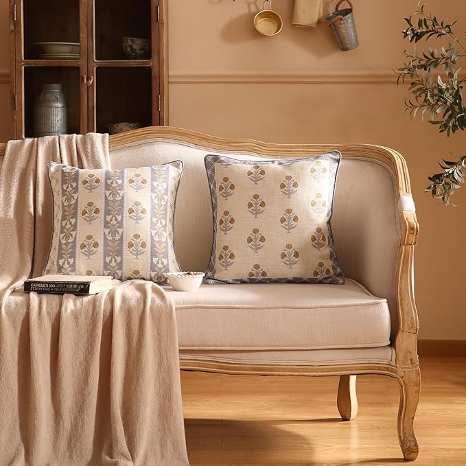 patdrea Designer Square Throw Pillow Covers Set of 2,Rustic Linen with Elegant Grey Blue Floral Pattern Pillows Cover,Decorative Pillowcases Cushion for Bed Living Room Outdoor Car,18 x18 Inches