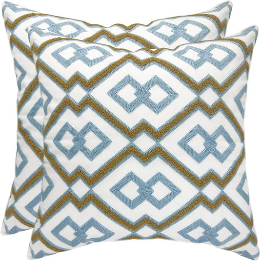 Alysheer Embroidered Decorative Throw Pillow Cover 18"x 18" Set of 2, Classic Boho Geometric Embroidery Pattern Cotton Rectangular Cushion Case for Sofa Couch Living Room Bedroom (Blue Khaki)