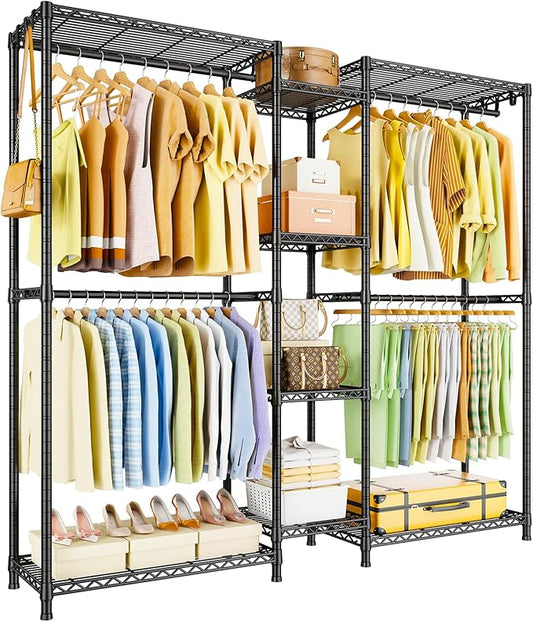 Ulif E4 Clothes Rack, Heavy-Duty Garment Rack, Metal Freestanding Clothing Organization Storage System Can Be L-Shaped with Shelves and Hangers, Max Load 962lbs, 71.6" W x 14.5" D x 79.3" H, Black
