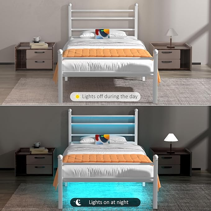 Twin Bed Frame with LED Lights & Charging Station, Metal Platform Bed with Headboard, Heavy Duty Metal Slats, No Box Spring Needed, Noise Free, Easy Assembly, White