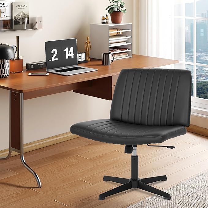 FDW Criss Cross Chair Armless Cross Legged Office Chair Adjustable Swivel Ergonomic Desk Chair No Wheels with Wide Seat Native Sponge Computer Task Vanity Chair for Home Office Dark Black