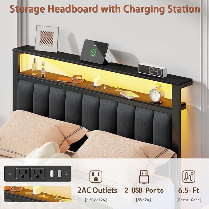 Furnulem Full Size Bed Frame with Charging Station and LED Lights, Platform Bed with Metal Slats, Grey Upholstered Headboard with 2-Tier Storage Shelves, No Box Spring Needed