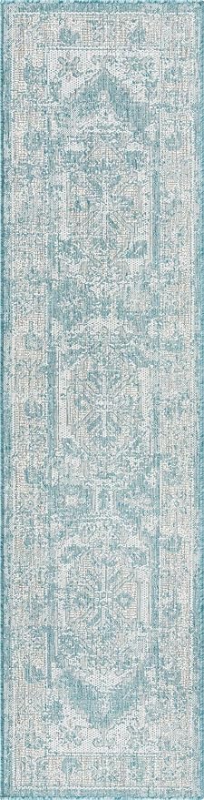 Unique Loom Outdoor Traditional Collection Area Rug - Valeria (2' x 7' 10" Runner, Aqua/ Ivory)