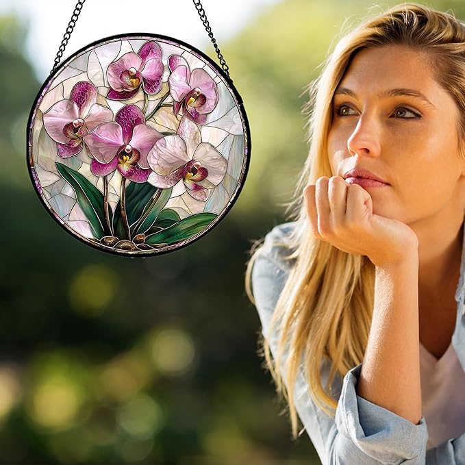 Stained Glass Window Hanging - Pink Purple Phalaenopsis Flowers Sun Catcher for Door Home Decor Plant Suncatcher Christmas Mother's Day Birthday Gifts for Women Men Mom Nana 7.8 in