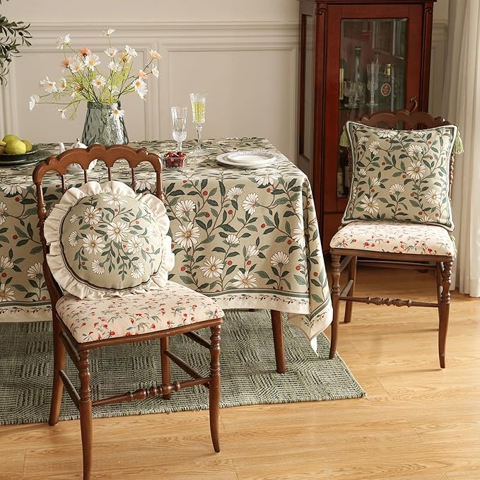 Design Square Green Floral Linen Throw Pillow Covers 18"x18" Pack of 2, White Simple Elegant Daisy Pattern Cushion Covers Decor Pillowcases for Bed,Living Room,Outdoor,Car