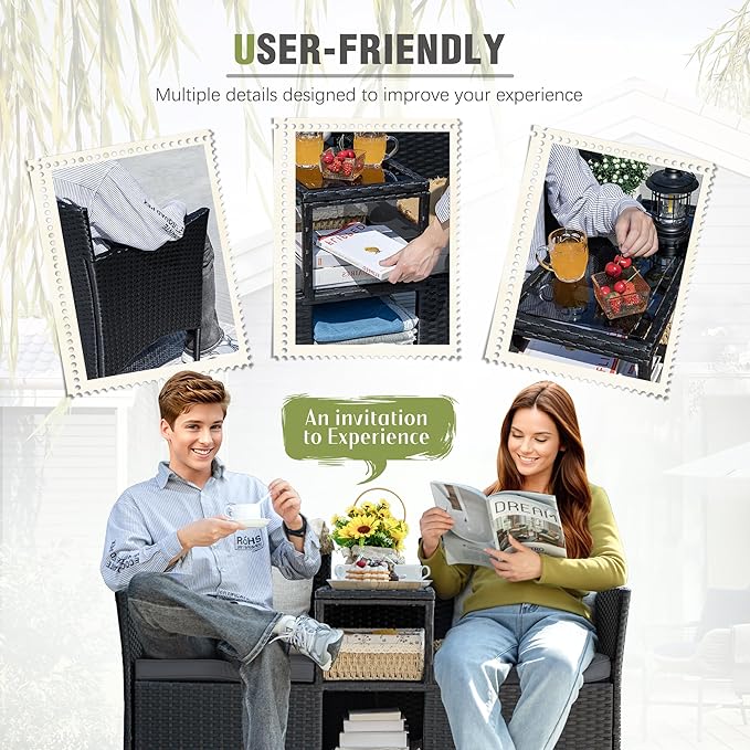 Greesum Patio Loveseat Outdoor Wicker Furniture Conversation Set with Soft Cushions & Built-in Coffee Table for Lawn Garden Backyard, Gray