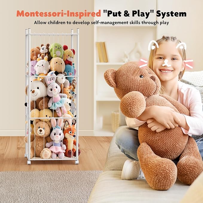 GoKEDA Stuffed Animal Storage,Extra Large Metal Stuffed Animals Storage Tower,Heavy Duty Stuffed Animal Holder with Elastic Plushies Storage Organizer for Nursery,Kids Room,Playroom (White)